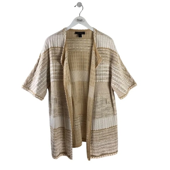 ST. JOHN WOOL BLEND KNIT CAP SLEEVE DESIGNER CARDIGAN CREAM TAN SIZE S